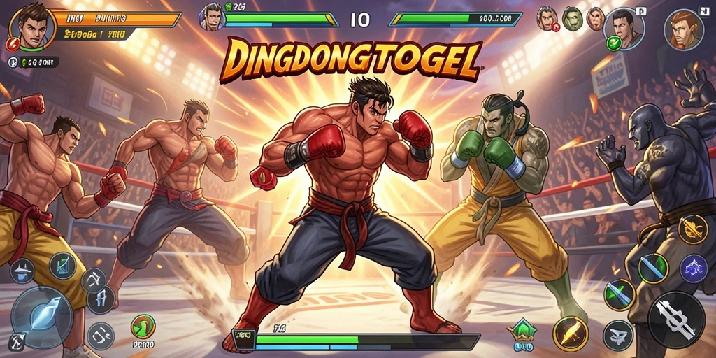 Screenshot gameplay DINGDONGTOGEL menampilkan pertarungan seru antar karakter.