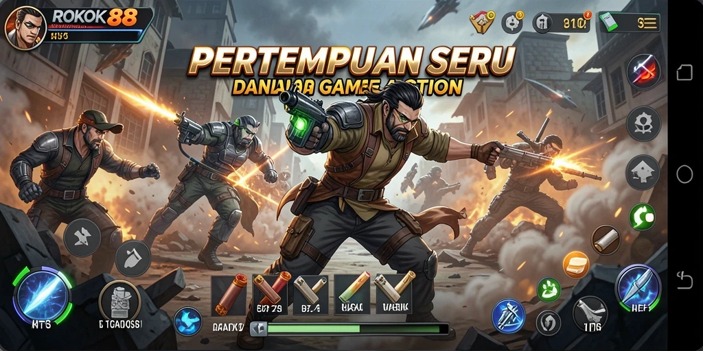 Tampilan gameplay Action yang intens dan menegangkan di ROKOK88.